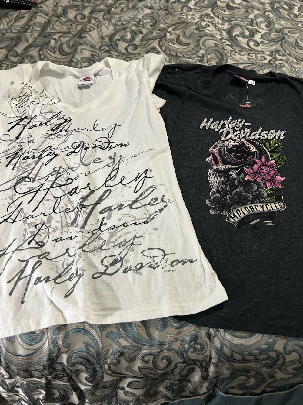 Harley-Davidson White & Charcoal Graphic Tee Pair with Pink Floral Skull